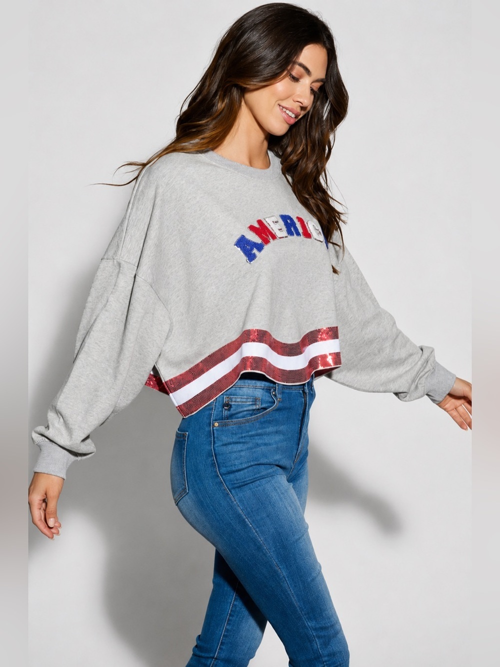 THE AMERICANA CREW LONG SLEEVE SEQUIN CROP PULLOVER SWEATER Multiple Size - Picture 5 of 8